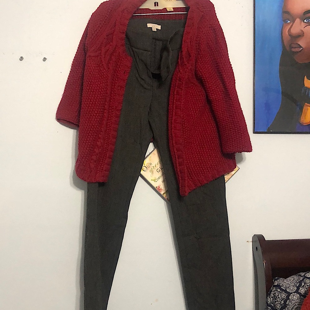 Black and white pants and red sweater
